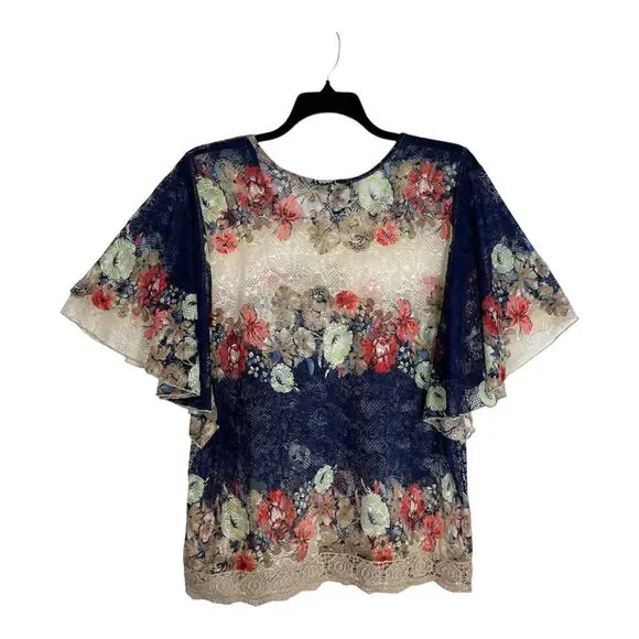 RAIN Lace Top Women's 1X Floral Kimono Sleeve Blouse Round Neck Ruffles Boho - Picture 4 of 8